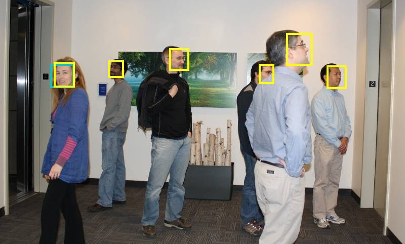 MATLAB's face detection in yellow, MTCNN in teal.