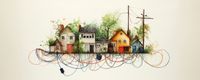watercolour illustration of houses connected by wires